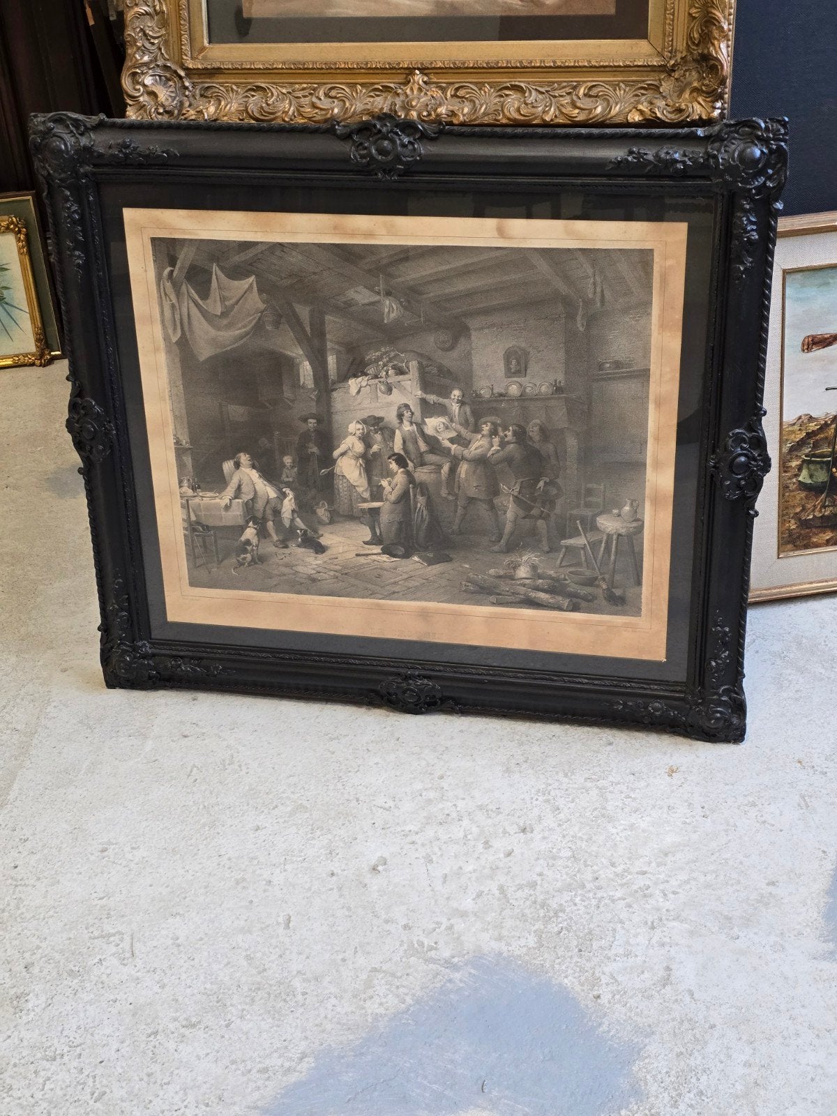 antieke barok lijst met litho madou, Antiquités & Art, Encadré, 1800 - 1899, Enlèvement, Vie quotidienne