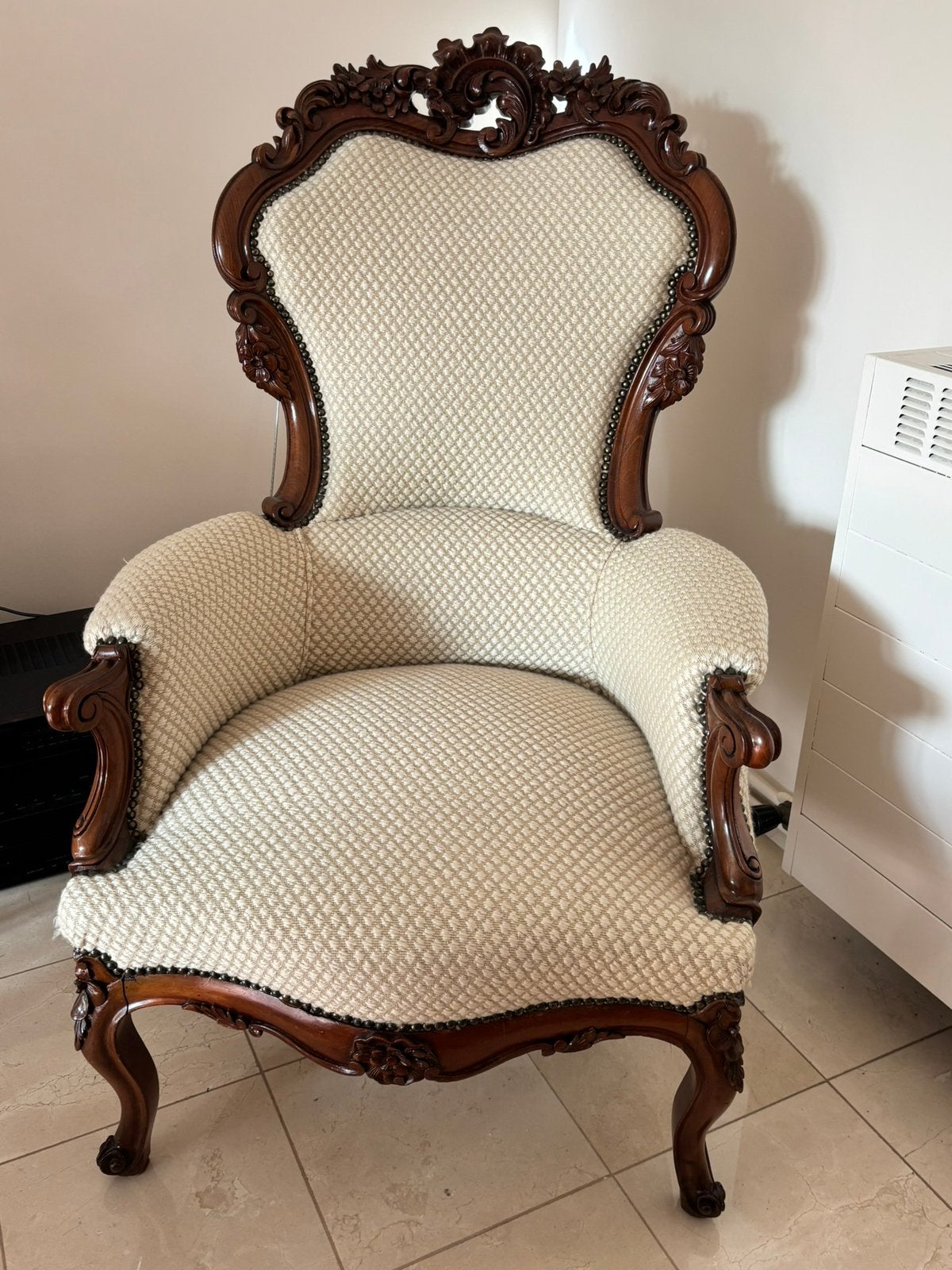 Zetel Louis XV-bergère in massief mahoniehout  canovas stof, Ophalen