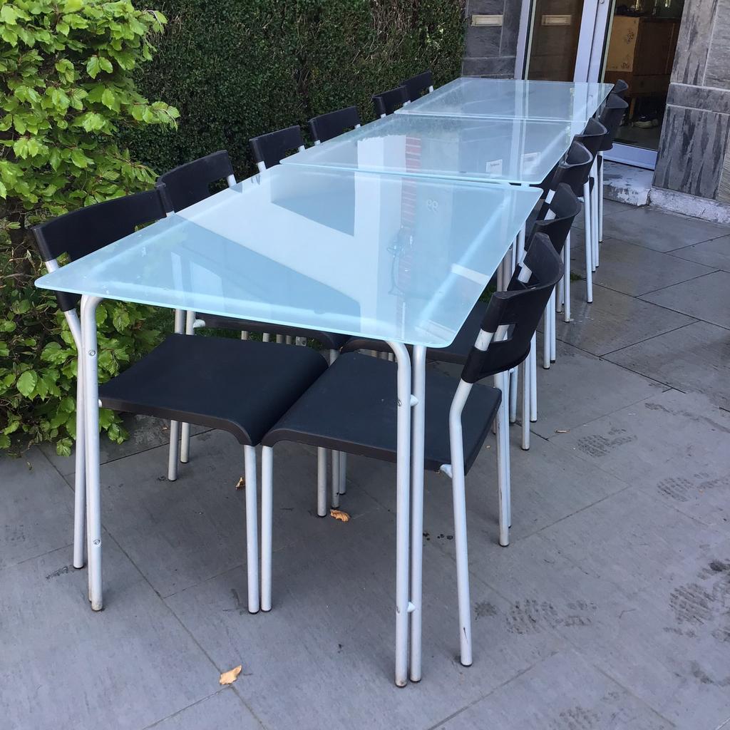 3 tafels met 12 stoelen, Tuin en Terras, Ophalen, Gebruikt, Rechthoekig, Kunststof