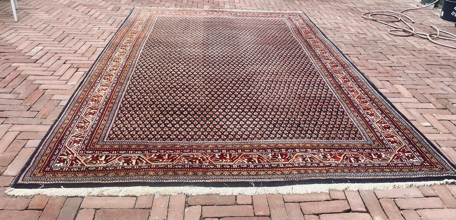 Vintage handgeknoopr Perzisch tapijt, Ophalen, Gebruikt, Blauw, 200 cm of meer