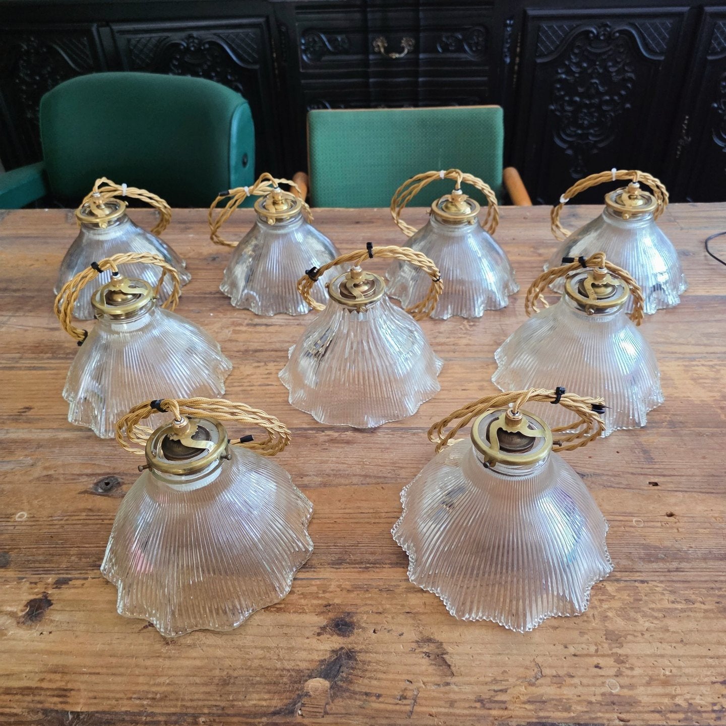 Vintage Holophane glazen hanglampen,9 stuks. PRIJS/STUK, Ophalen of Verzenden