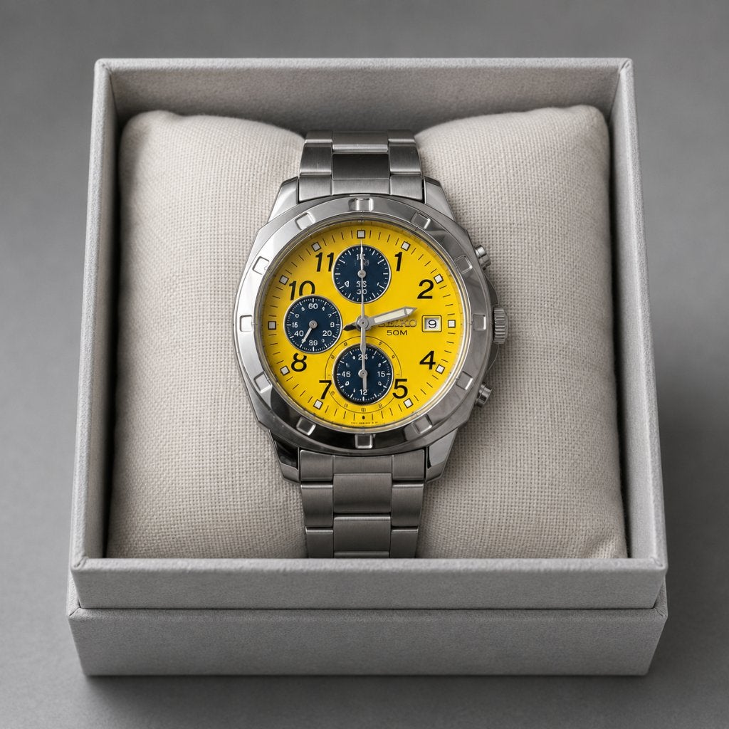 Seiko Chronograaf Geel/Blauw, Bijoux, Sacs & Beauté, Montres | Hommes, Enlèvement ou Envoi, Comme neuf, Montre-bracelet, Seiko