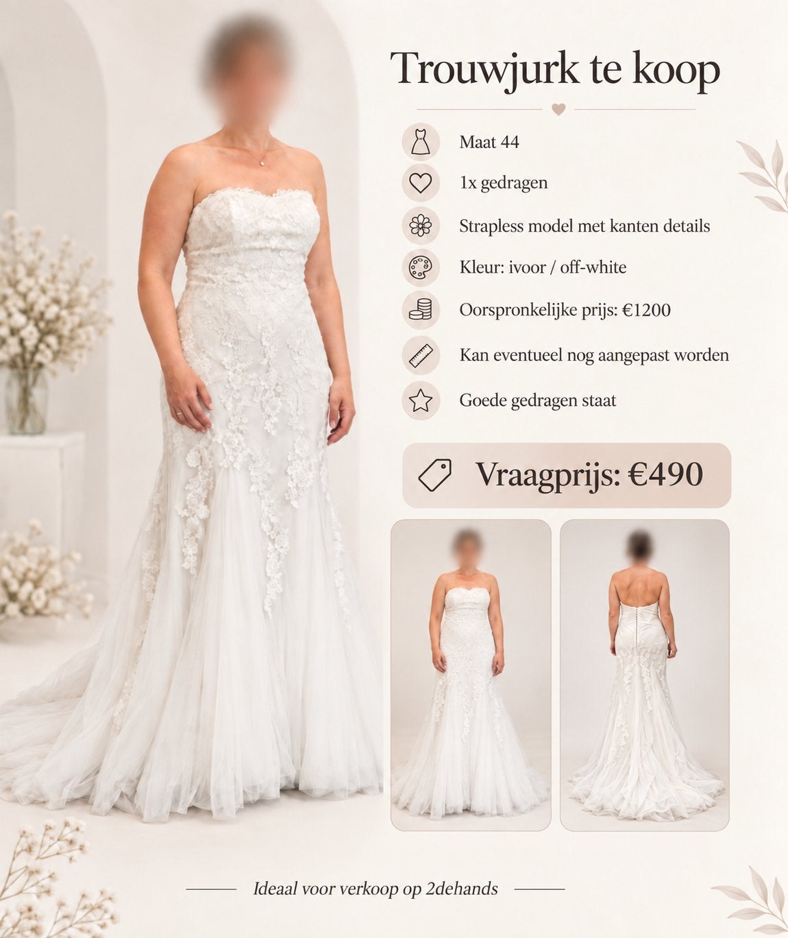 Trouwjurk maat 44 – ivoor/off-white – 1x gedragen, Ophalen of Verzenden, Zo goed als nieuw, Maat 42/44 (L)