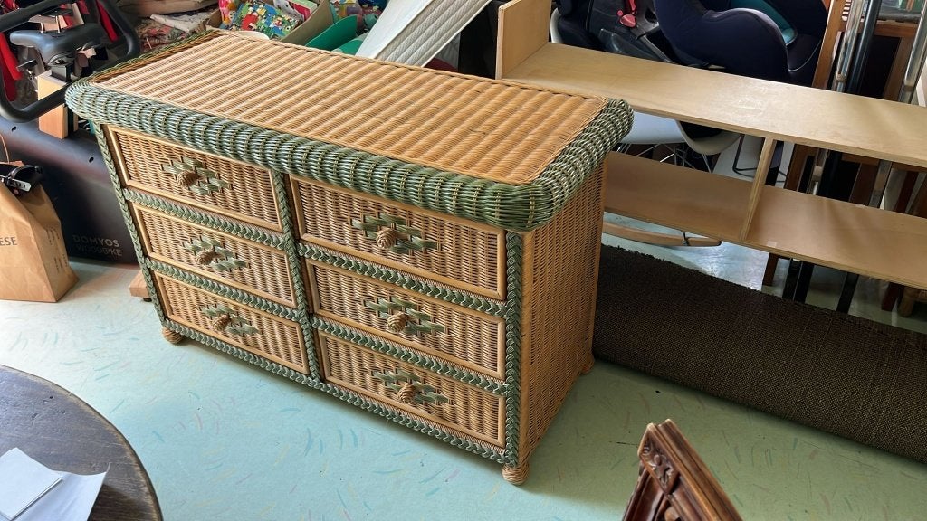 Meuble de rangement en osier, Ophalen, Zo goed als nieuw, En osier. Vert et beige.