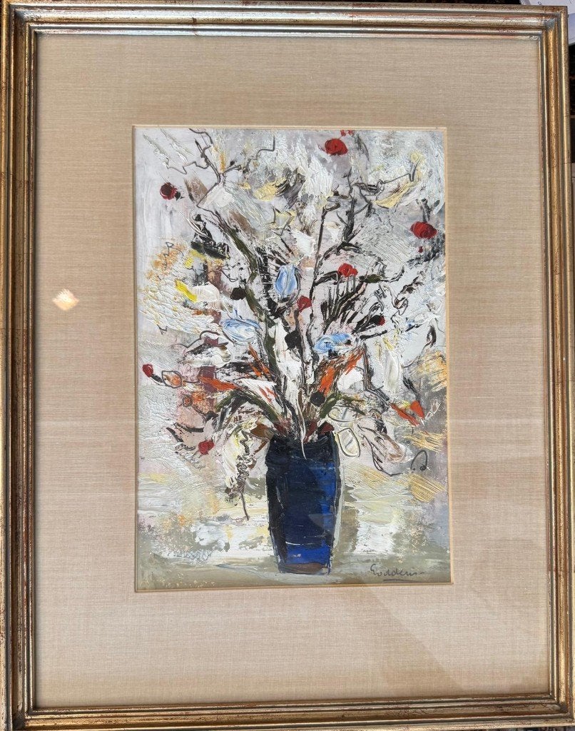 Jack Godderis - Nature morte fleurie - École belge, Enlèvement, Signé, Peinture à l'huile, Papier