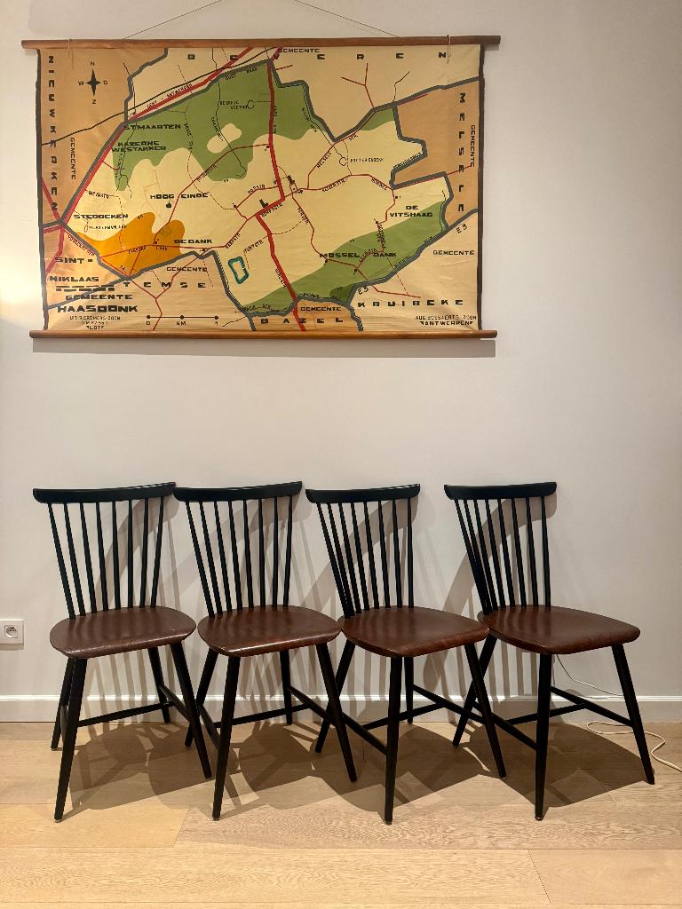 4 Vintage spijlenstoelen / spijlstoelen / stoelen, Brun, Enlèvement, Utilisé, Mid-century