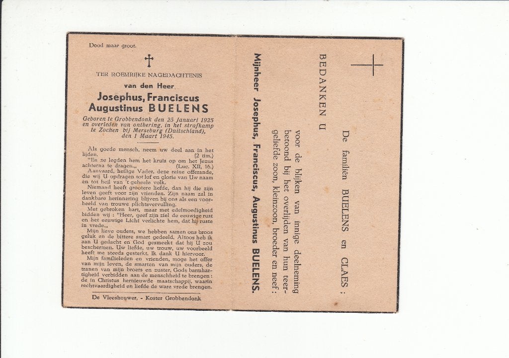 Slachtoffer WO II - Grobbendonk - strafkamp Zöchen 1945, Verzamelen, Bidprentjes en Rouwkaarten, Verzenden, Bidprentje