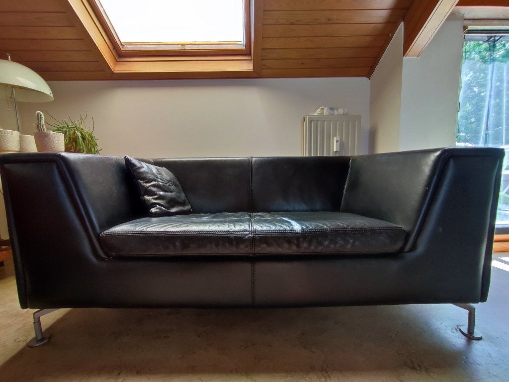 2-zit in zwart leder, 75 à 100 cm, Enlèvement, Utilisé, Cuir
