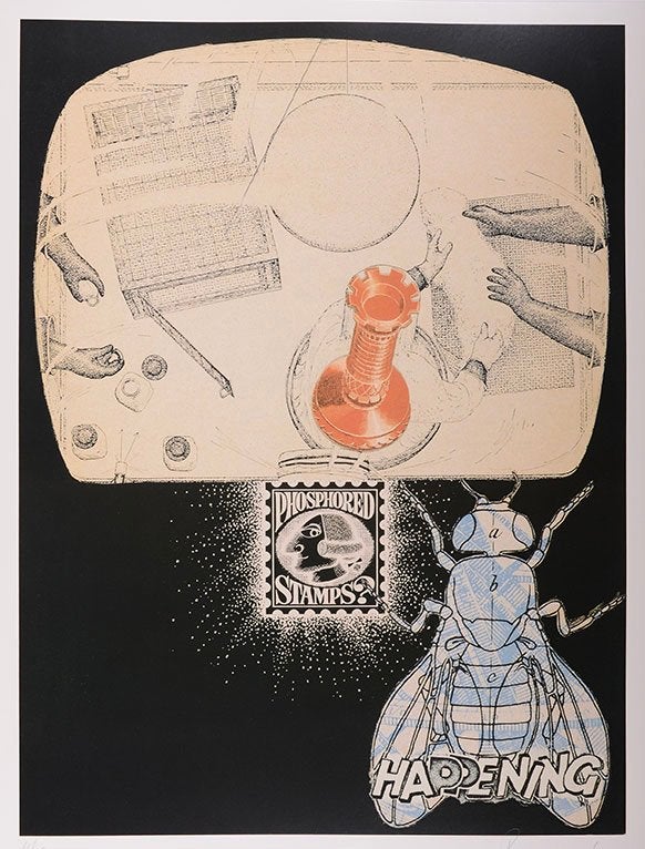 Phosphored Stamps Panamarenko litho met reliëf, Antiquités & Art, Impression offset, Signé, Personnages et figures fantastiques