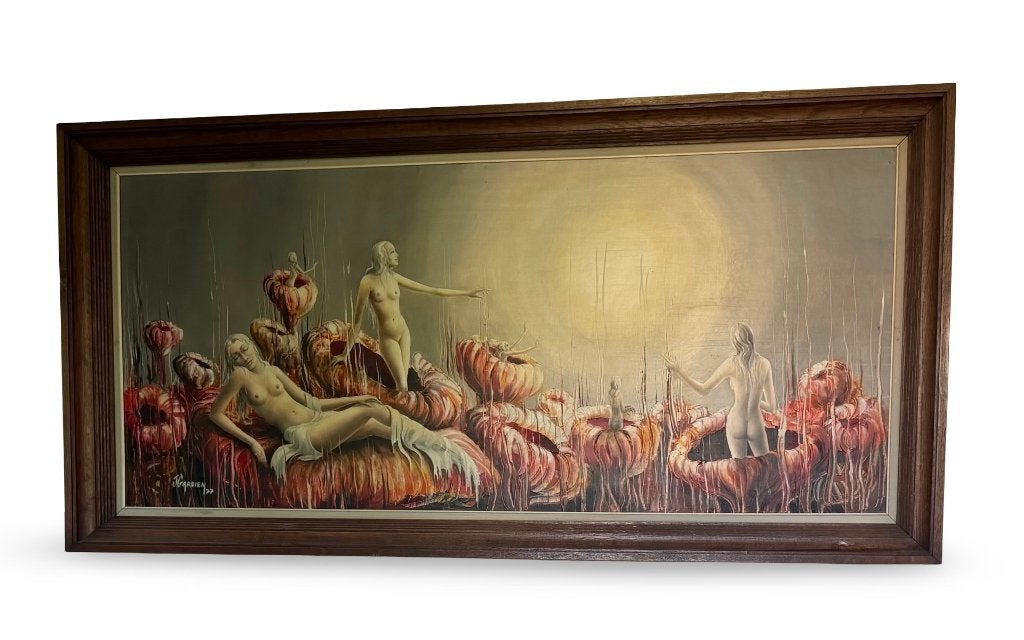 Grand tableau surréalisme Josian Gardien 1977 sur panneau