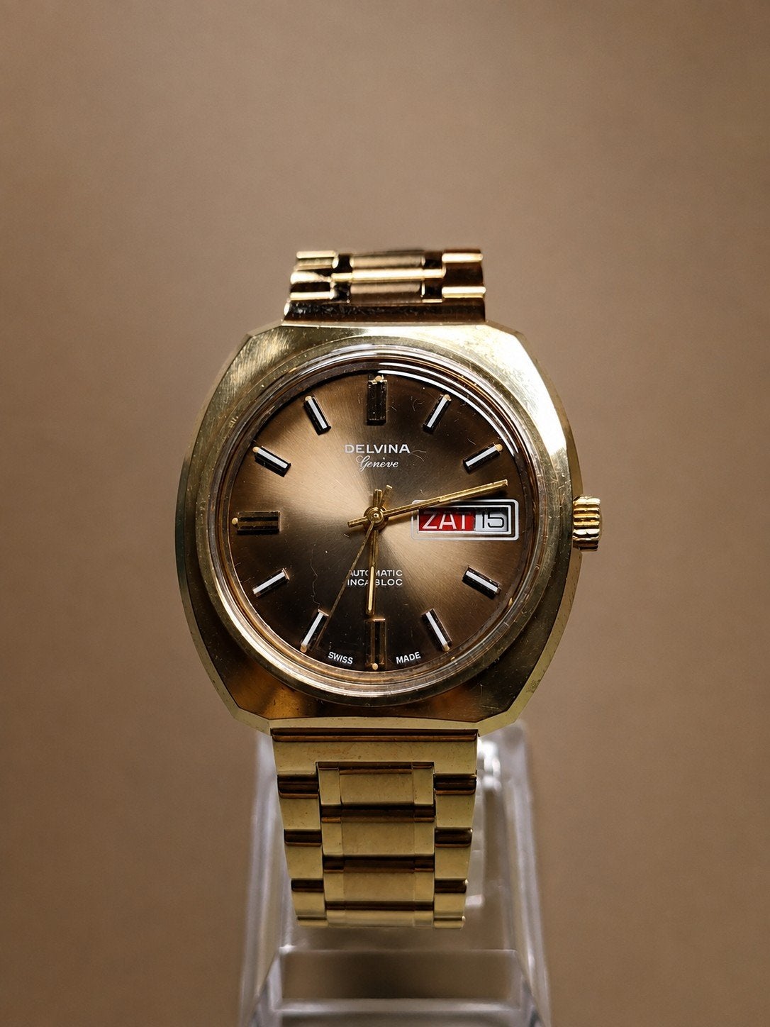Vintage Delvina Genève Automatic Swiss Made  Day, Ophalen of Verzenden, Gebruikt, Polshorloge, Overige merken