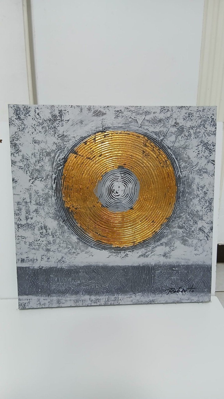 Abstract schilderij in goud en grijs, Antiek en Kunst, Kunst | Schilderijen | Abstract, Ophalen