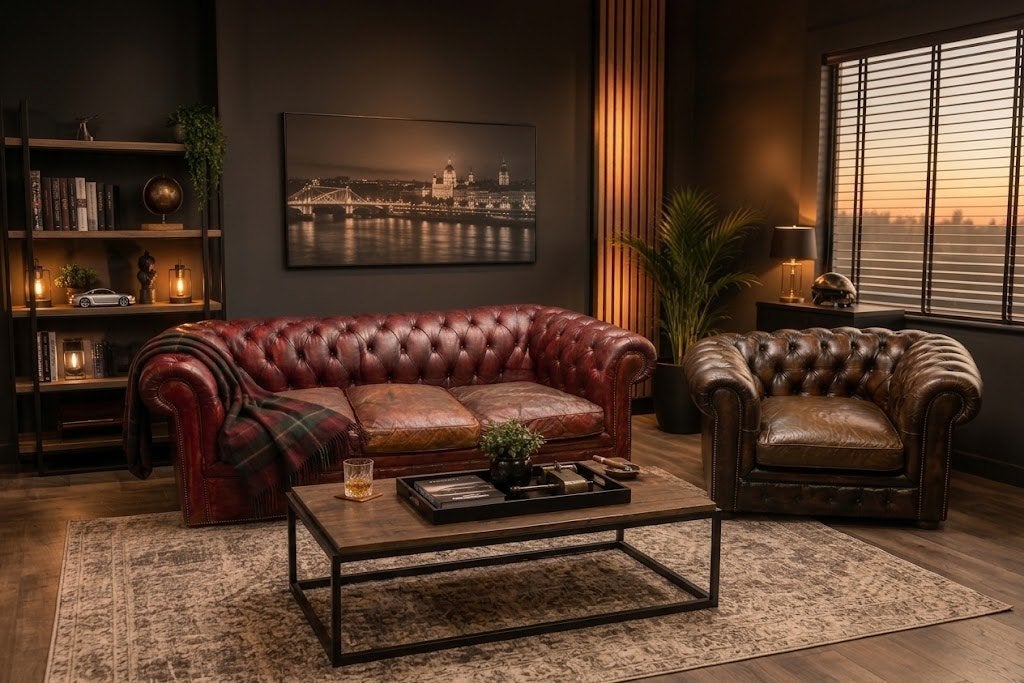 Ensemble Chesterfield ancien cuir – Canapé + Fauteuil, Enlèvement