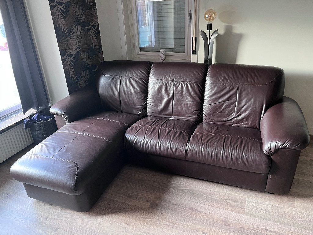Fauteuil met lounge stuk, Ophalen, Gebruikt, Leer, 125 cm of meer