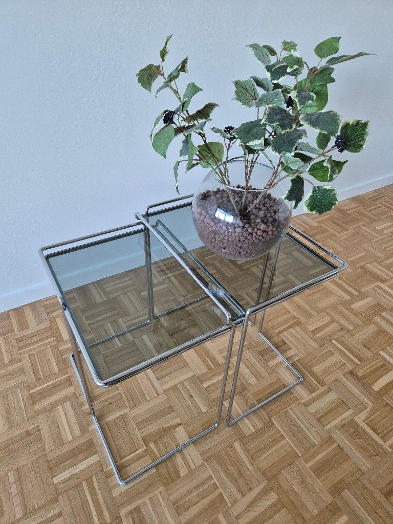 Set van 2 vintage Design Bijzettafeltjes – Chroom & Glas, Huis en Inrichting, Tafels | Bijzettafels, Minder dan 55 cm, Rechthoekig