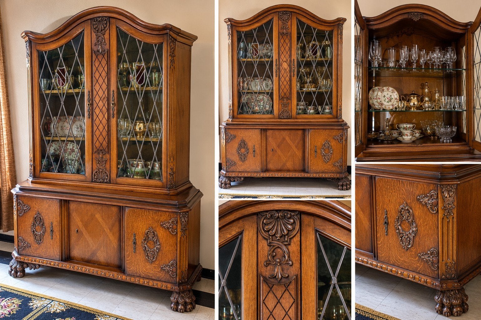 Élégant vaisselier ancien en bois sculpté – vitraux & décora, Enlèvement ou Envoi