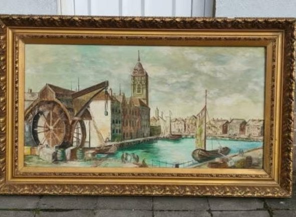 grande huile sur toile moulin a l eau signe, Enlèvement, Toile