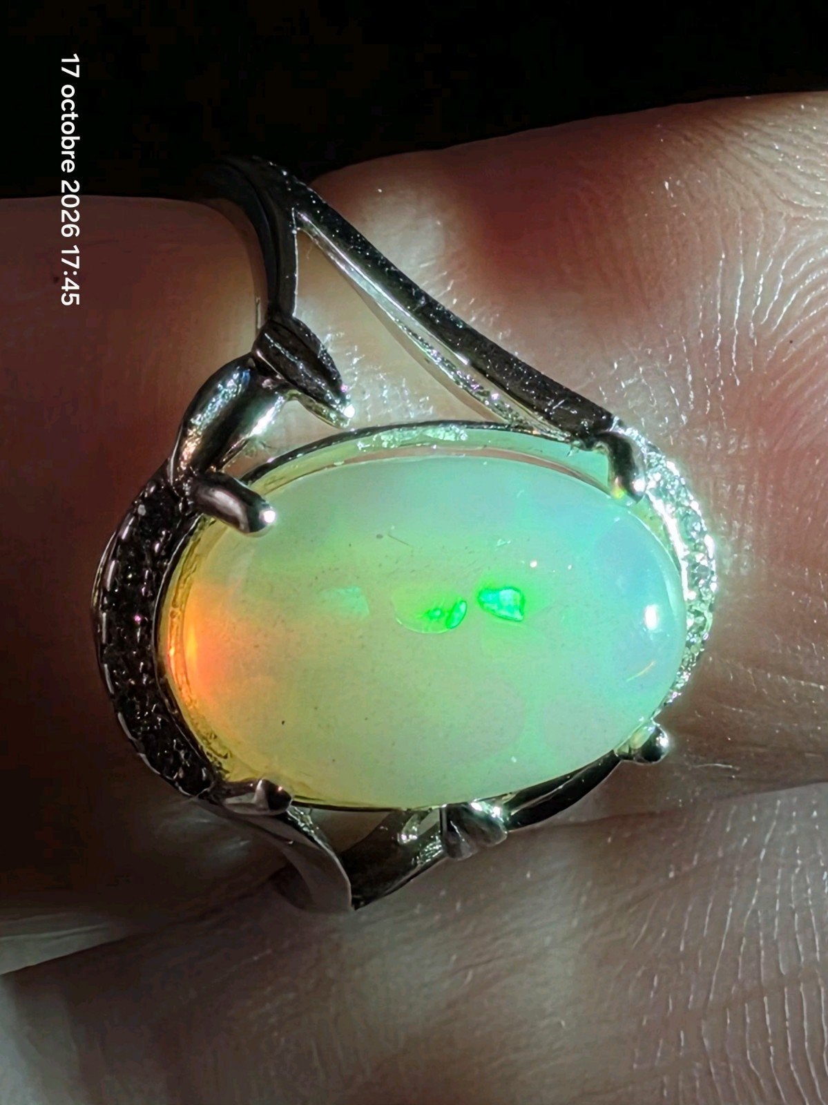Bague réglable en argent massif 925 avec grande opale, Neuf, Enlèvement, Argent, Argent