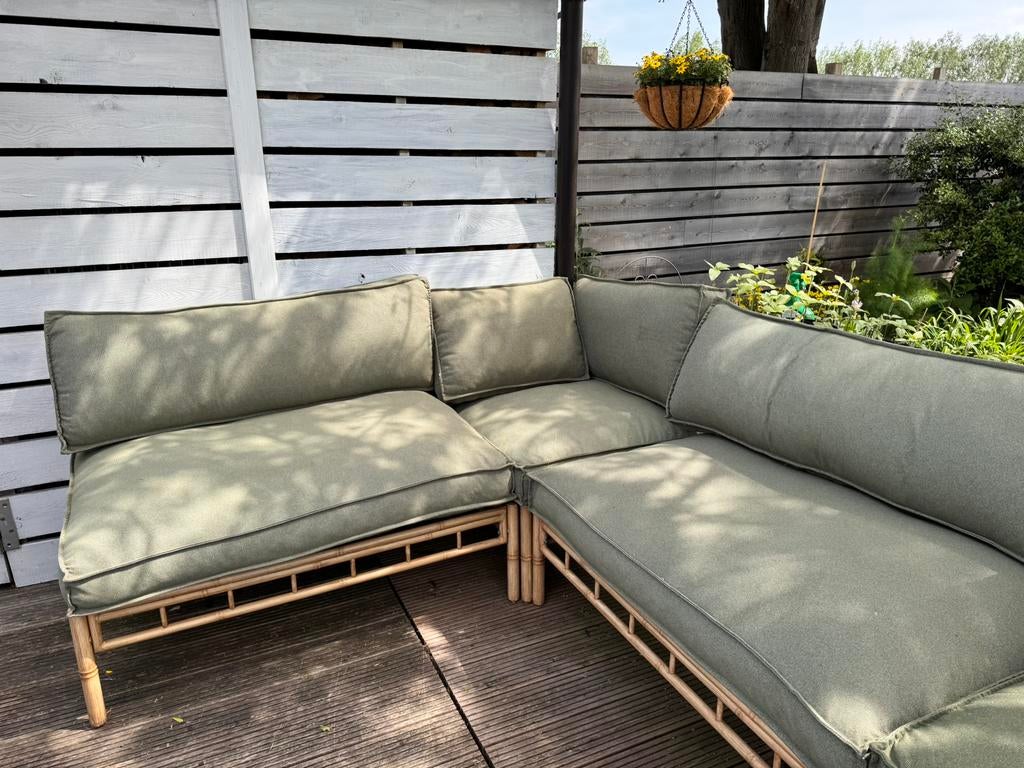 Moduleerbare tuinset met olijfgroene kussens, Tuin en Terras, Ophalen, Zo goed als nieuw, Tuinset