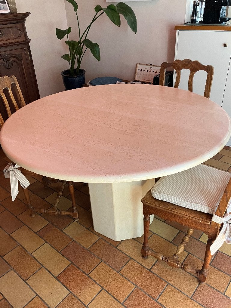 Table ronde en travertin beige clair – Ø 120 cm, Cinq personnes ou plus, Rond, Comme neuf, Enlèvement