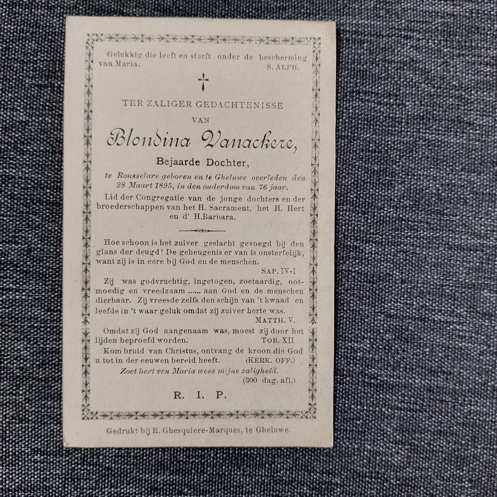 Bidprentje 1819-1895 Roeselare/Geluwe, Ophalen of Verzenden, Bidprentje