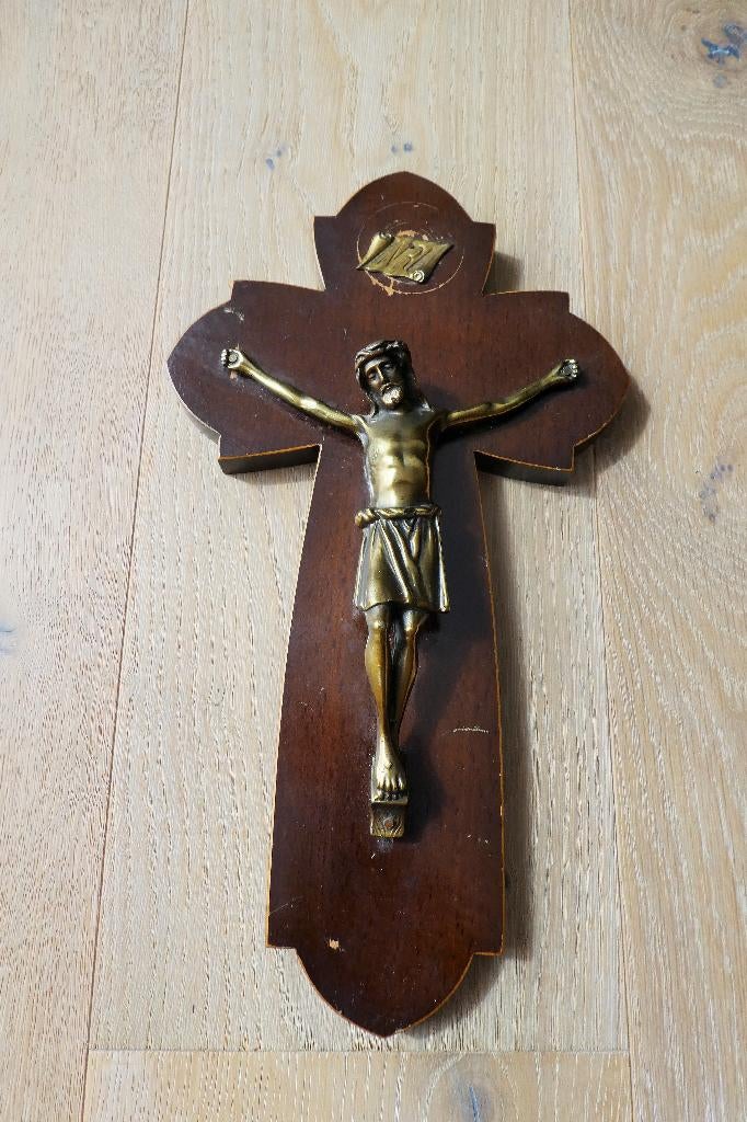 Très Ancien Crucifix en Bois et Bronze 34 cm x 19 cm, Enlèvement