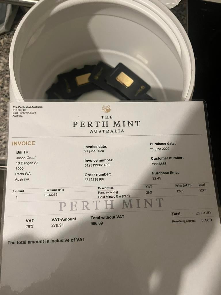 Lingot d'or Perth Mint 20 grammes, Enlèvement ou Envoi, Or