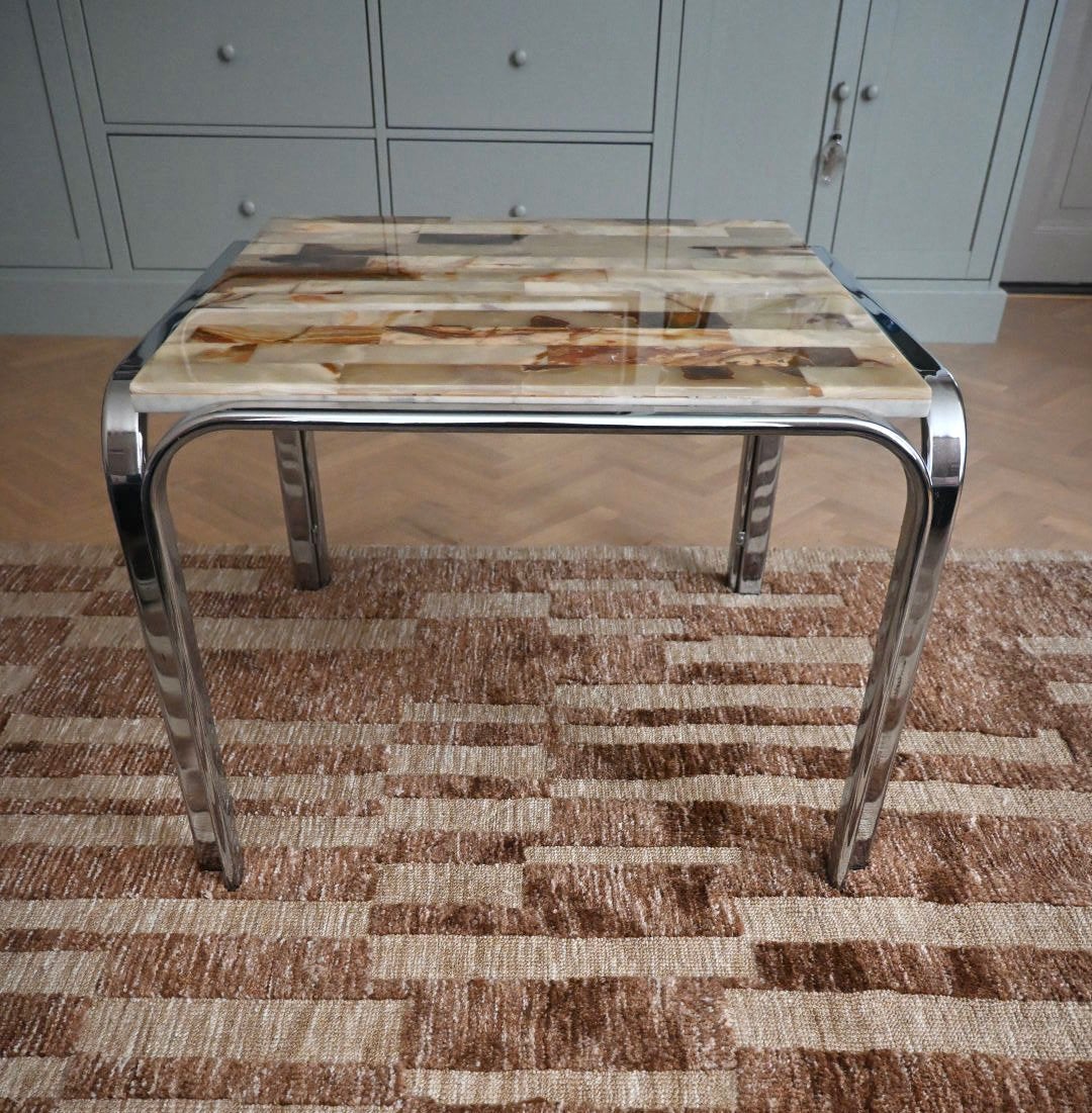Vintage Jaren '70 Design salontafel, onyx Mozaïek & Chroom, Ophalen, Zo goed als nieuw, Vintage