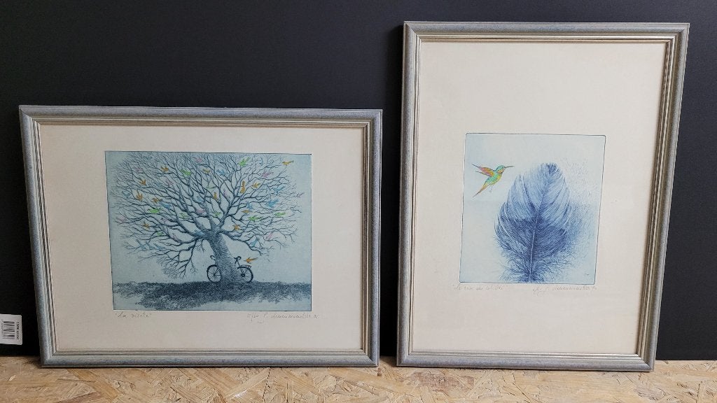 2 gravures aquarelle signées/numérotées, Eau-forte, 1950 - 1999, Faune et Flore, Numéroté