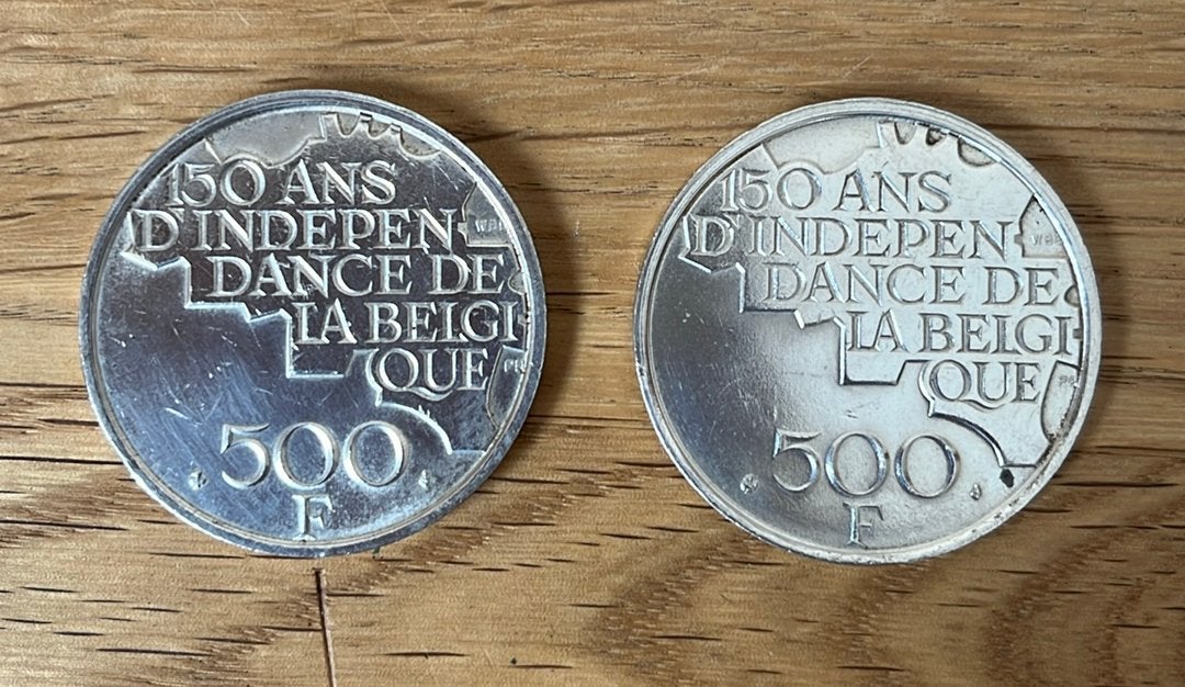 2 oude zilveren munten : 150 ans de la Belg., Ophalen of Verzenden, België, Losse munt, Zilver