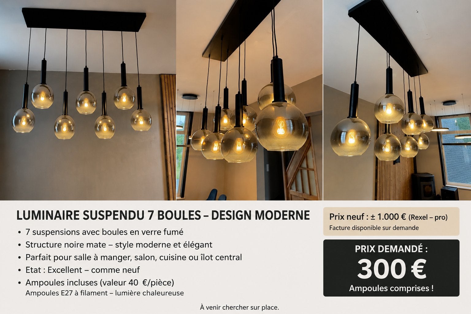 Design-hanglamp van gerookt glas met 7 bollen, Ophalen, Zo goed als nieuw, Glas