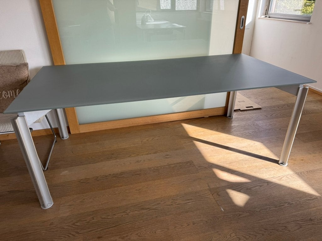 Design tafel met verhard glazen blad (L 2m00 B 1m00), Ophalen, Design Modern Strak Bulo stijl Hip, 50 tot 100 cm, Zo goed als nieuw