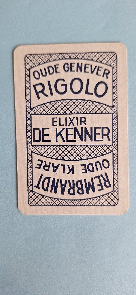 Speelkaart Rigolo_oude genever_likeuren_blauw_322, Verzamelen, Ophalen of Verzenden, Gebruikt, Speelkaart(en)