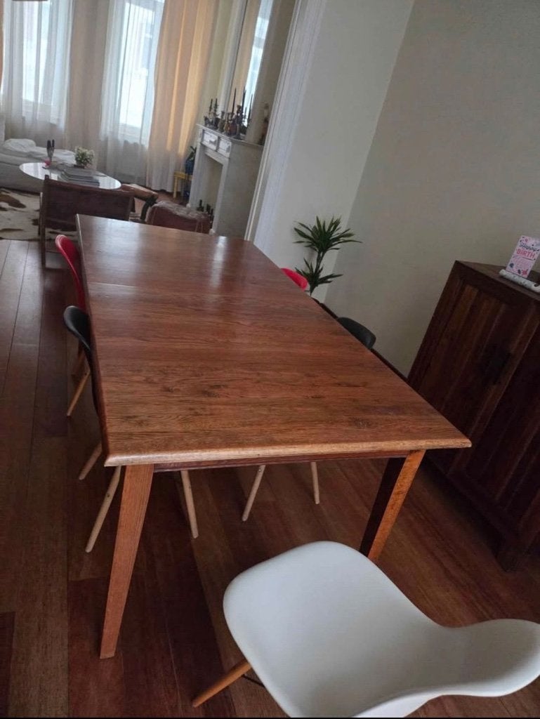 Massief eikenhouten eettafel 200/280 bij 100, Ophalen, Gebruikt, 100 tot 150 cm, Eikenhout