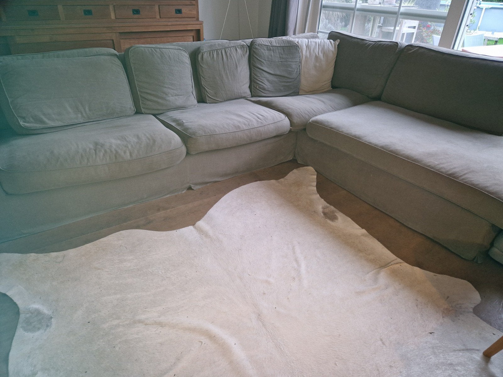 Gratis - Grote stoffen hoekbank taupe - 3m16 - wasbare stof, Huis en Inrichting, Ophalen, Gebruikt, Stof, Modern landelijk