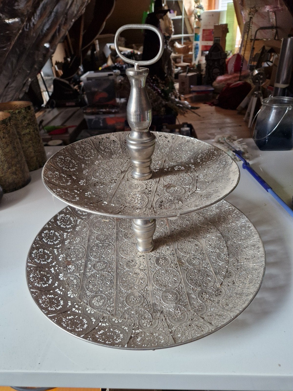 zilverkleurige metalen xxl étagère, Ophalen, Gebruikt, Etagère, Demontabel