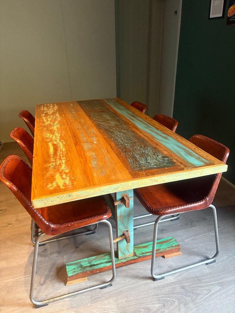 Eettafel handgemaakt met 6 stoelen, Huis en Inrichting, Ophalen, Zo goed als nieuw, Vijf personen of meer, Rechthoekig