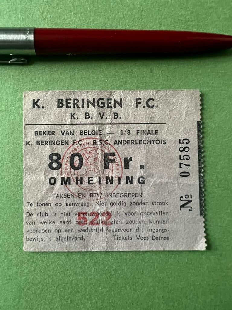 Ticket Beringen RSC Anderlecht 1/8 Beker van België 1975/76, Verzenden, Gebruikt, Overige typen