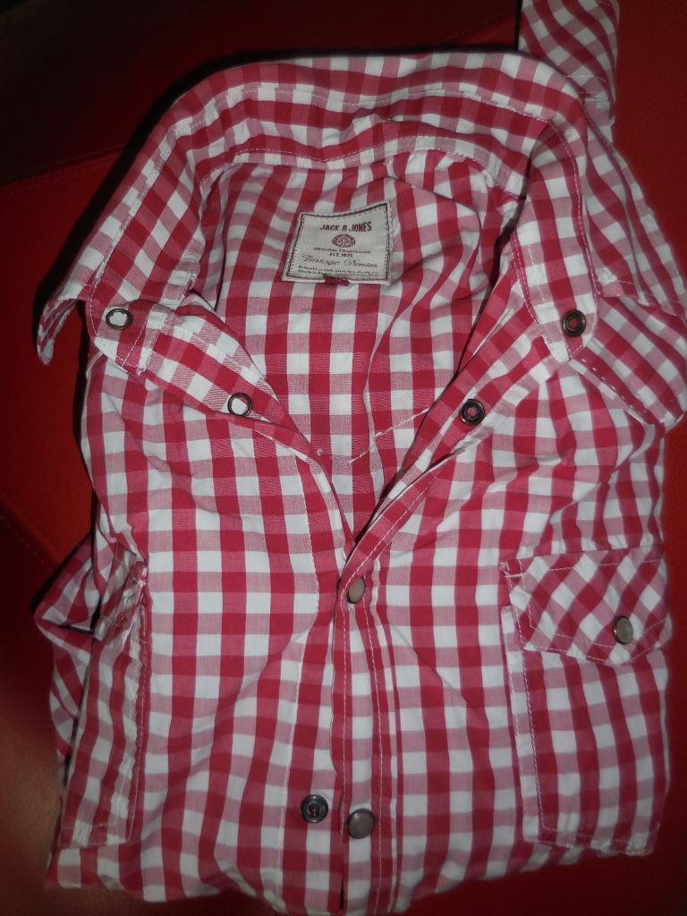 [2839] herenhemd Jack en Jones medium lange mouwen geruit, Zo goed als nieuw, Halswijdte 39/40 (M), Ophalen of Verzenden, Rood