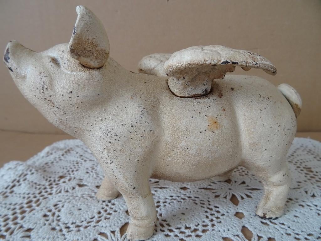 Curiosa vintage gietijzeren spaarpot varken spaarvarken 1960, Antiek en Kunst, Ophalen of Verzenden