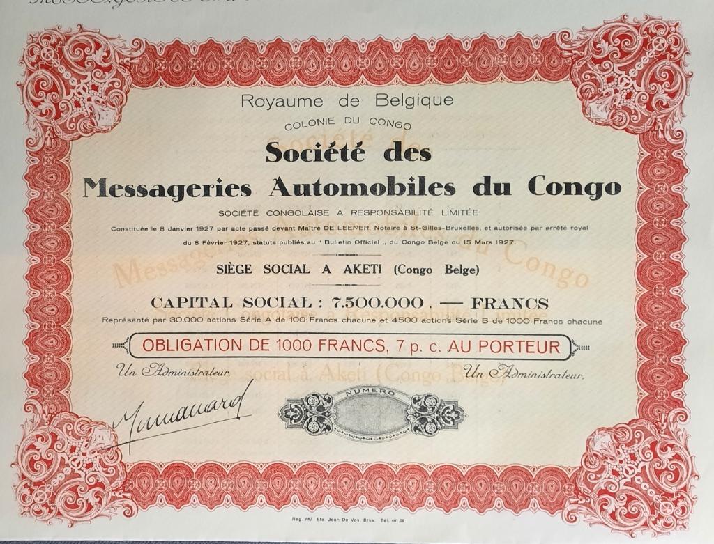 Société des Messageries Automobiles du Congo - Aketi - 1927, Timbres & Monnaies, Actions & Titres, Enlèvement ou Envoi, 1920 à 1950