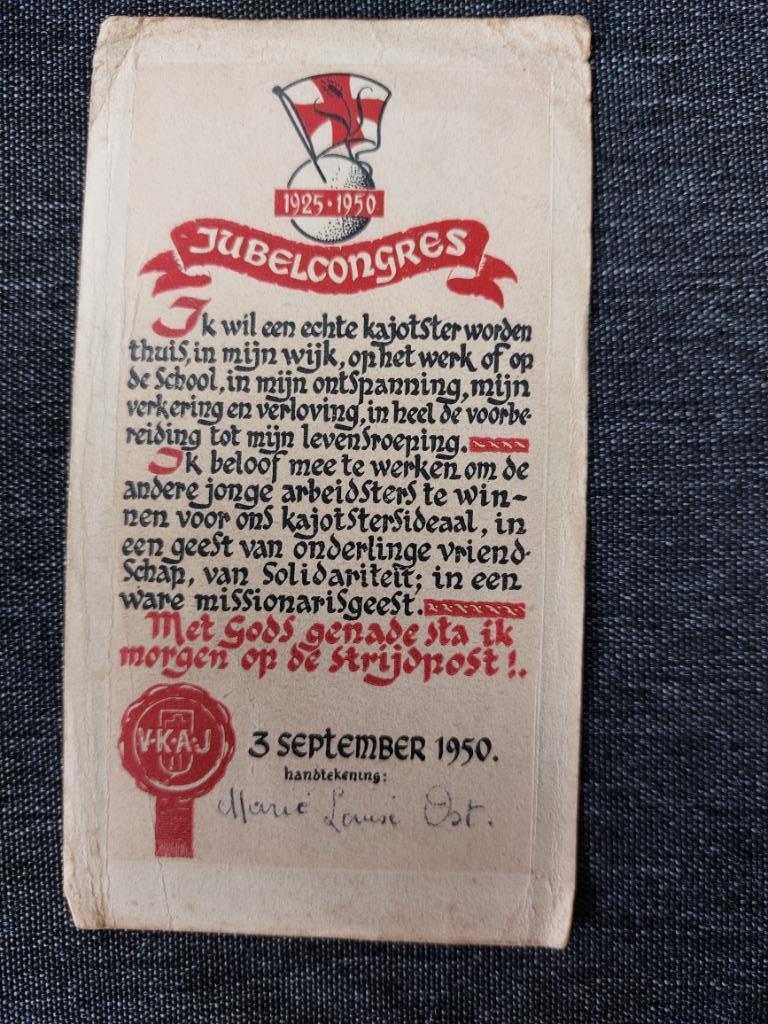 gedachtenisprentje 1950; Jubelcongres VKAJ, Verzamelen, Bidprentjes en Rouwkaarten, Verzenden