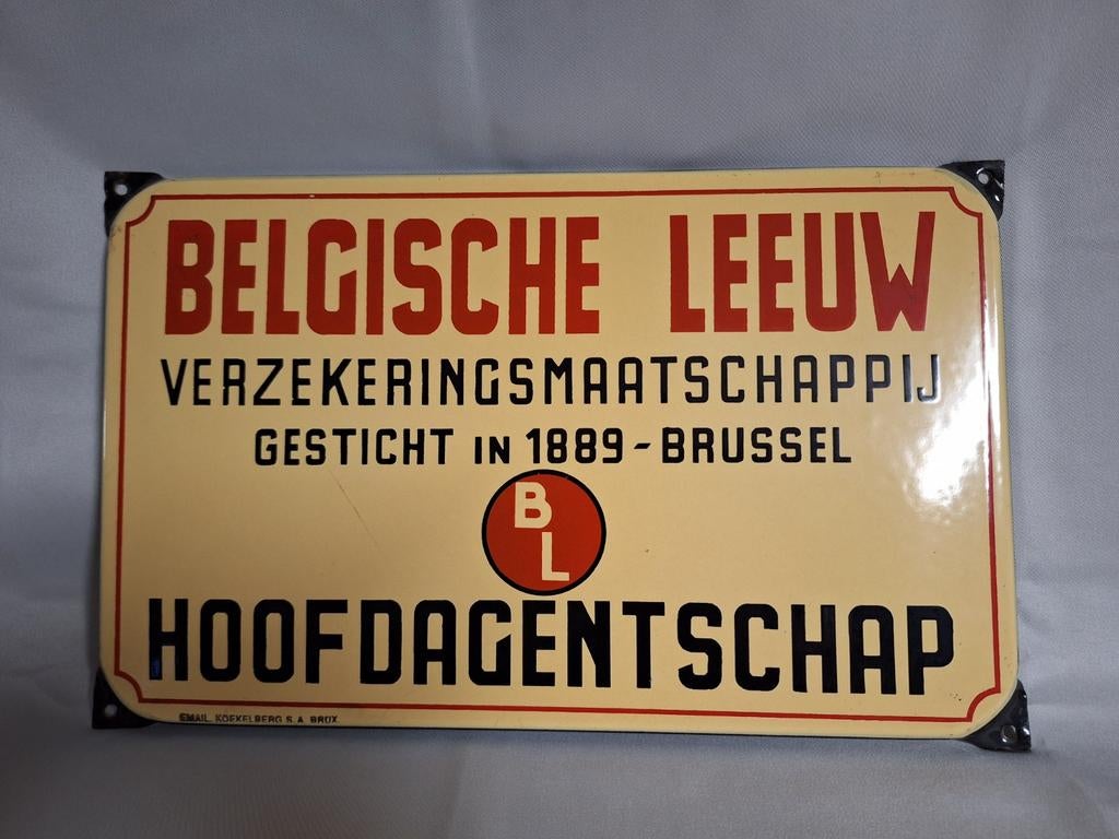 Plaque émaillée de la compagnie d'assurance Lion Belge, Collections, Enlèvement ou Envoi, Utilisé, Panneau publicitaire