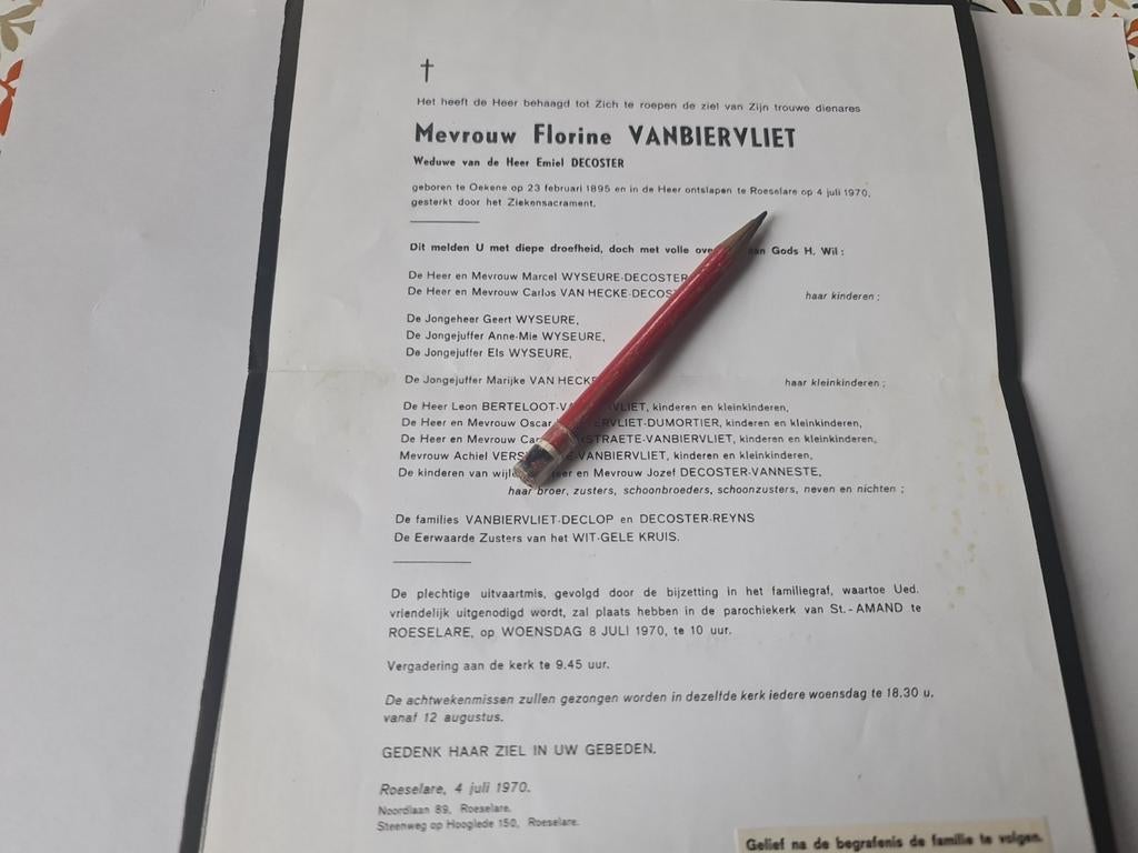 Rouwbrief florine vanbiervliet 1895-1970, Verzamelen, Bidprentjes en Rouwkaarten, Ophalen of Verzenden