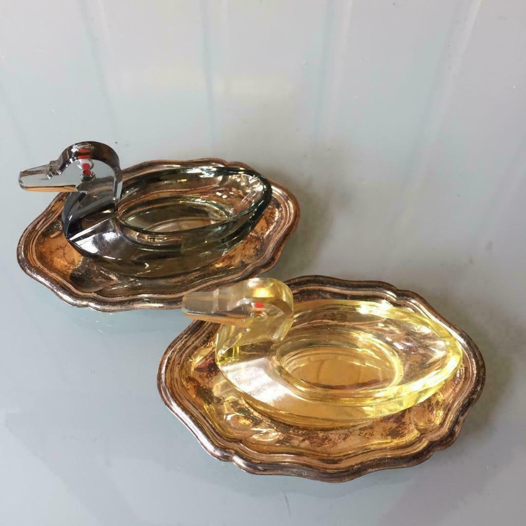 Cristal de canards s / 2 sur plat en métal argenté sel et po, Collections, Assiette ou Plat, Enlèvement ou Envoi, Utilisé, Argenté