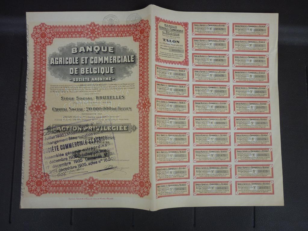 Action - Banque Agricole et Commerciale de Belgique, Enlèvement ou Envoi, 1920 à 1950, Action