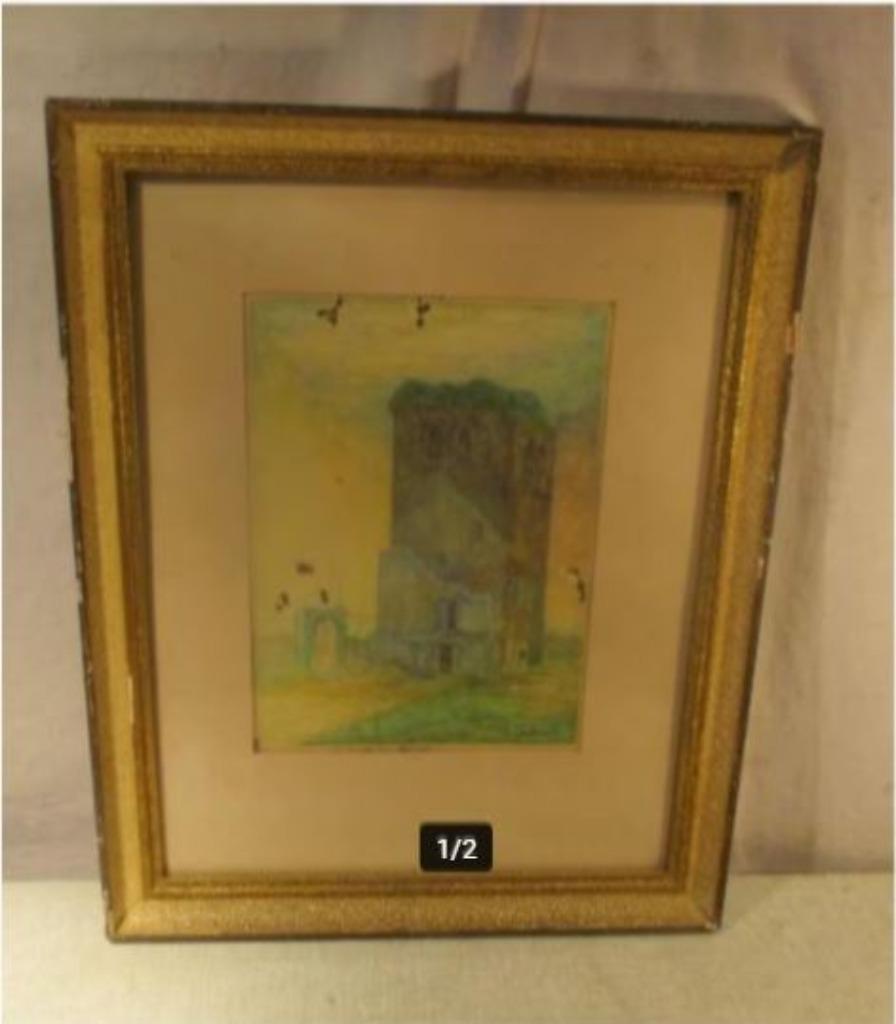 Aquarelle peinte ancienne « Ruine et tour » - Braems - 1949, Enlèvement ou Envoi