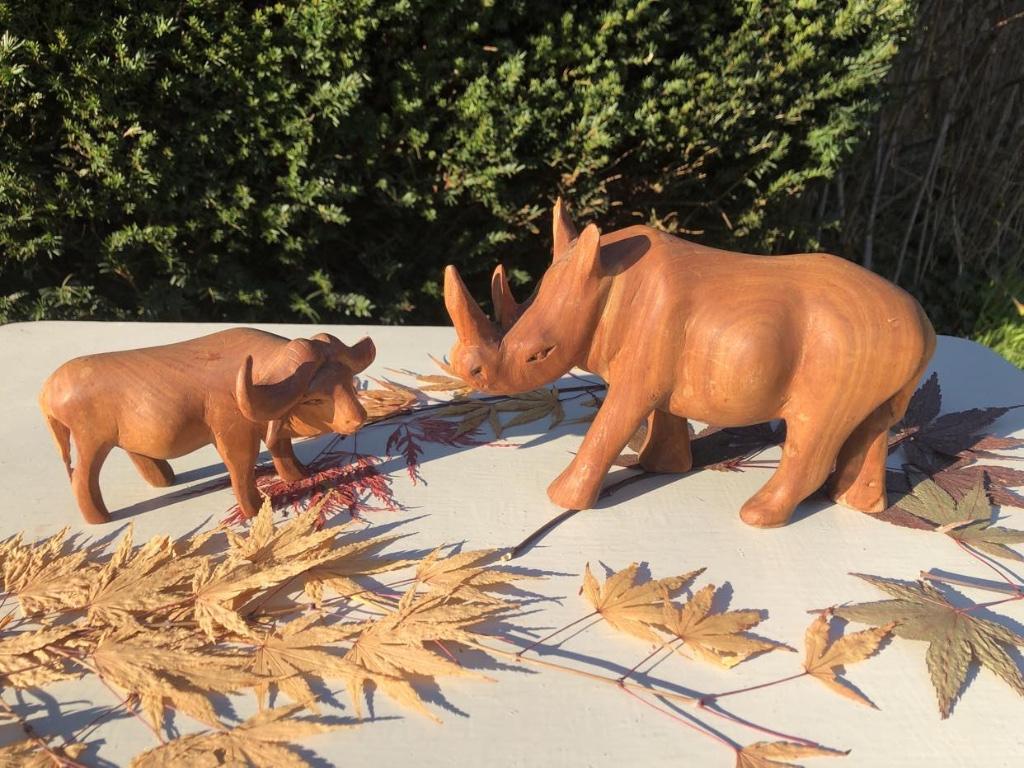 Lot de 2 animaux en bois (buffle et rhinocéros), Verzamelen, Dierenverzamelingen, Gebruikt, Beeldje of Figuurtje, Wild dier, Ophalen of Verzenden