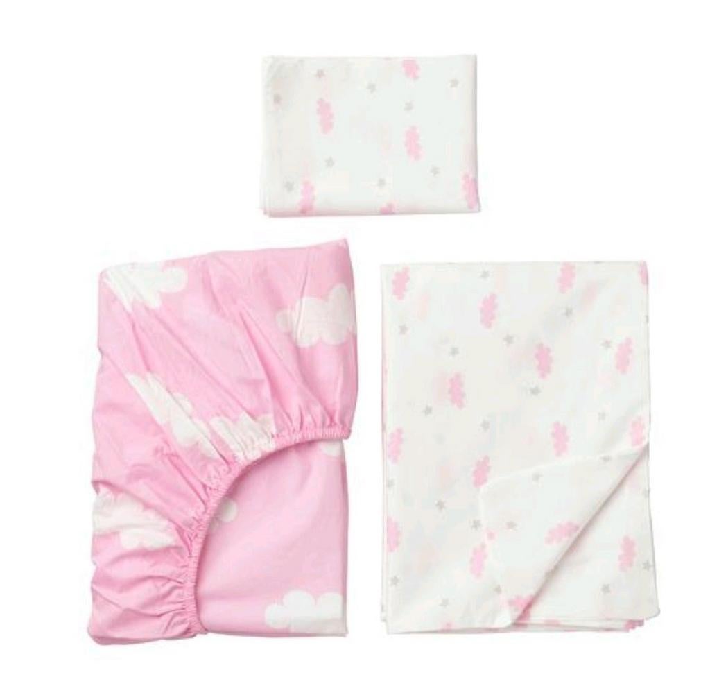 Dekbedset babybed : wit - roze met wolken / ikea, Kinderen en Baby's, Ophalen of Verzenden, Wit, Dekbedovertrek