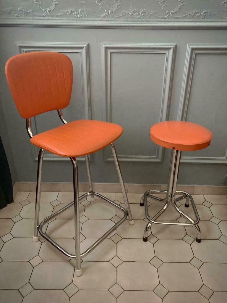 Fauteuil et tabouret vintage Orange et Chrome, Maison & Meubles, Enlèvement ou Envoi, Comme neuf